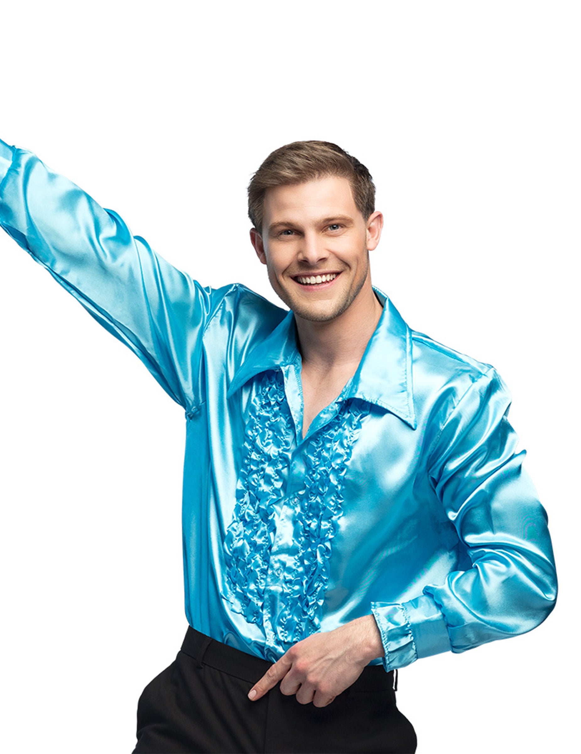 Chemise disco pour homme bleu clair satinée à volants