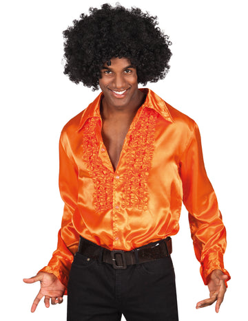 Chemise disco pour homme orange satinée à jabot