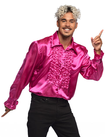 Chemise disco pour homme rose satinée à froufrous