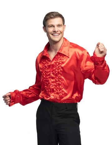 Chemise disco pour homme rouge satinée à jabots