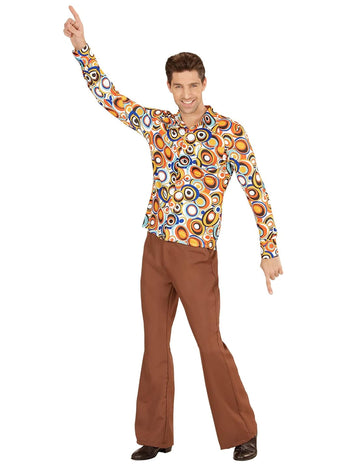 Chemise groovy bubbles années 70 pour homme à motifs cercles orange et bleu