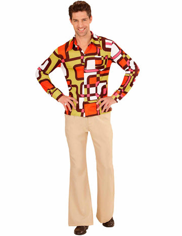 Chemise groovy géométrique années 70 pour homme orange et verte à motifs