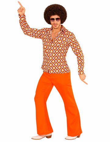 Chemise groovy rétro années 70 pour homme à motifs géométriques orange et blanc