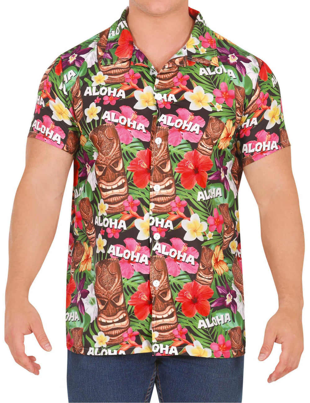 Chemise hawaïenne Aloha pour adulte multicolore à motifs tiki et fleurs tropicales