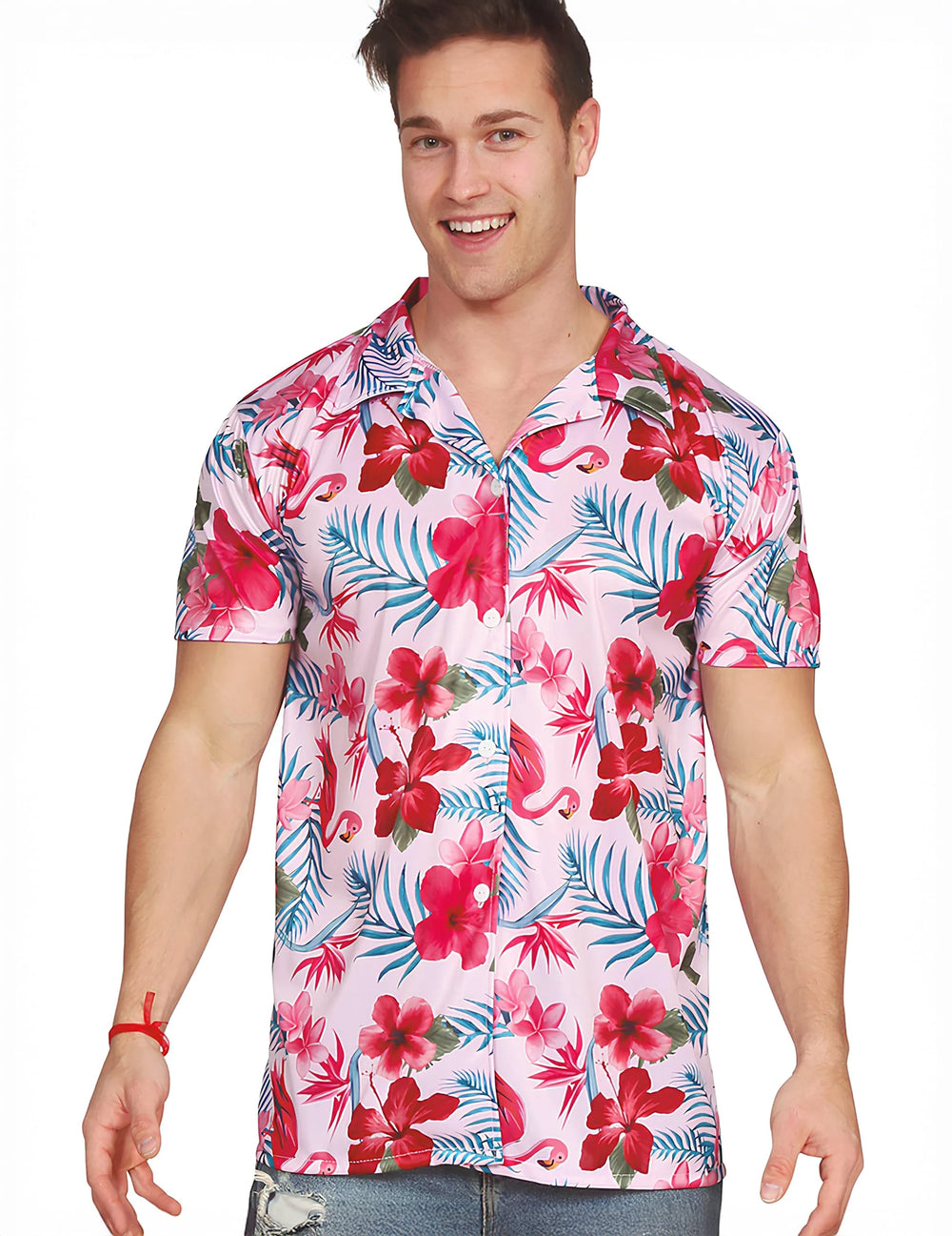 Chemise hawaïenne flamant rose pour adulte rose à fleurs d'hibiscus et motifs tropicaux
