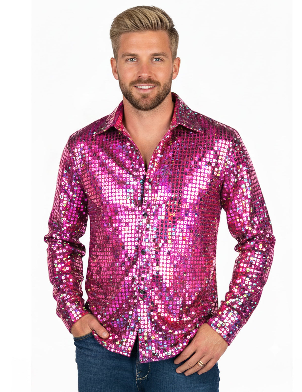 Chemise disco pour homme rose haut de gamme à sequins