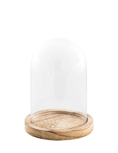 Cloche en verre sur support bois pour décoration de fête transparente et bois naturel