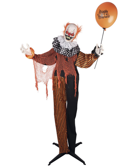 Clown maléfique animé sur pied pour Halloween orange et noir avec ballon