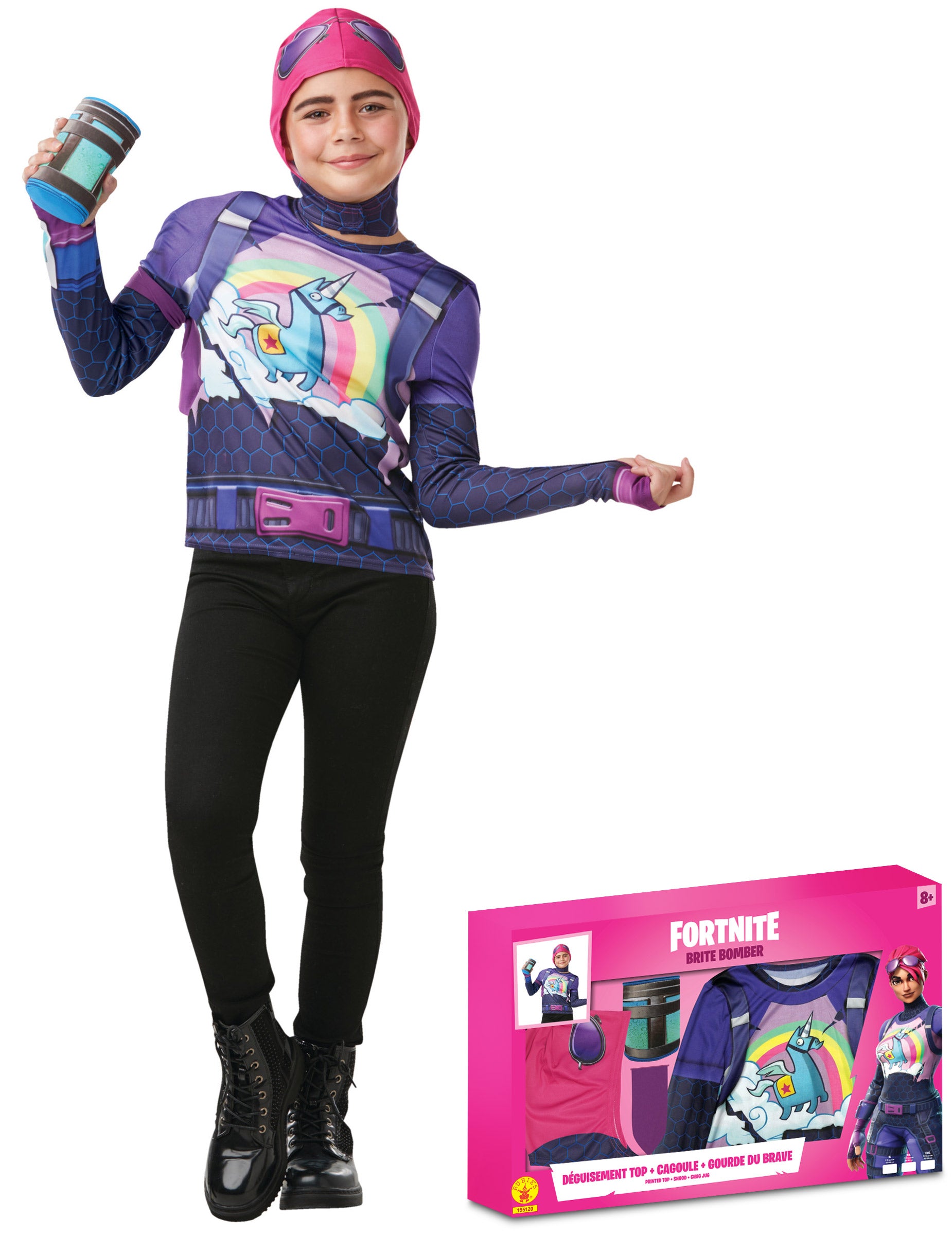 Coffret déguisement Brite Bomber Fortnite pour adolescente violet et rose avec top imprimé licorne