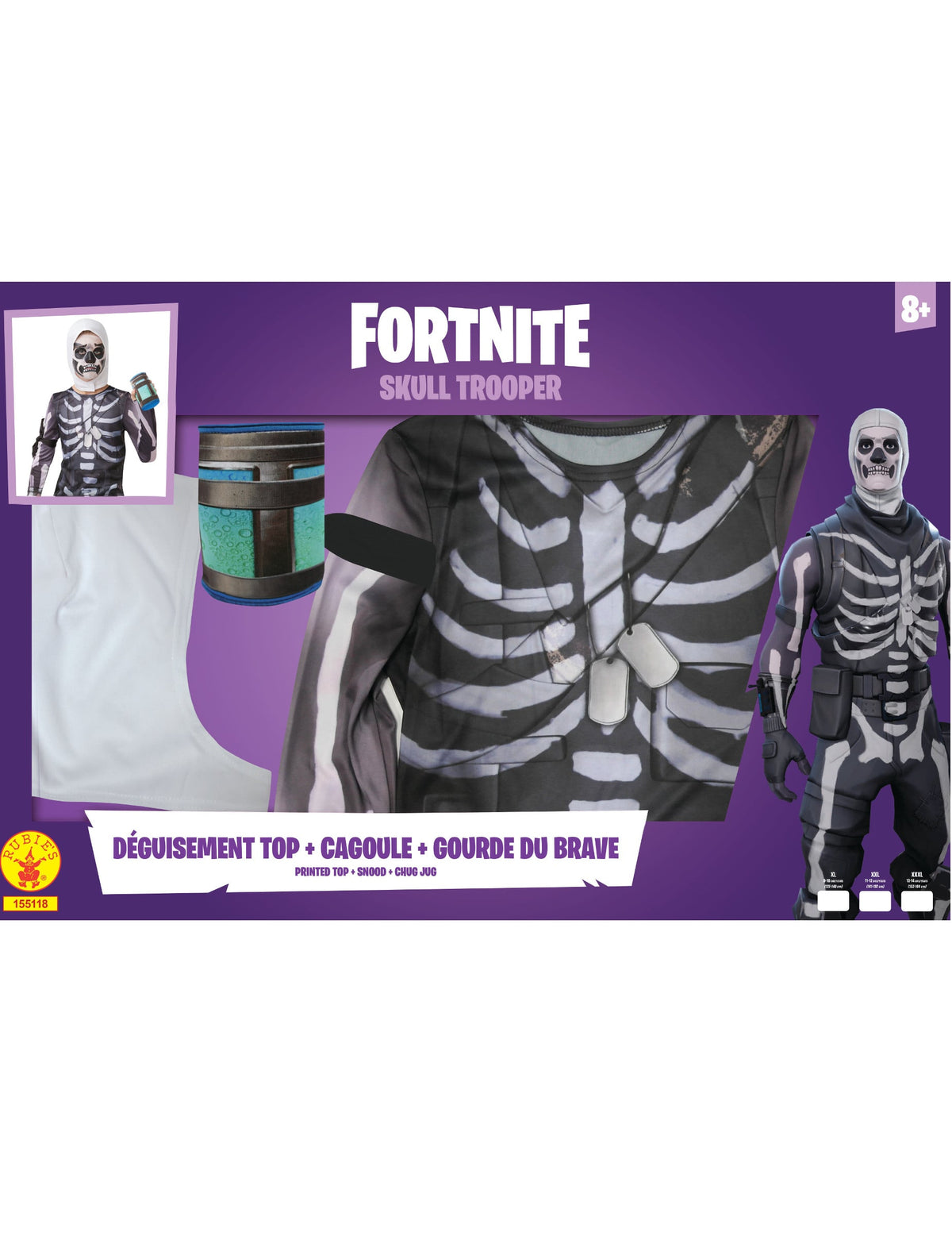 Détails du top de la cagoule et de la gourde du coffret de déguisement Skull Trooper Fortnite