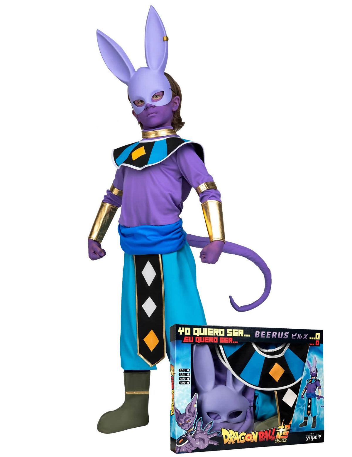 Beerus Dragon Ball gyermek jelmez maszk­kal, lila és kék, arany részletekkel