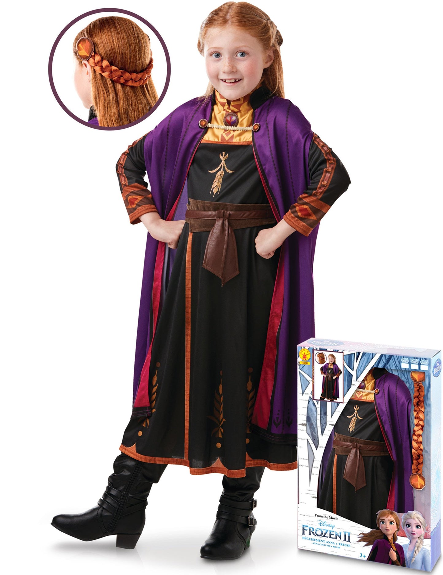 Coffret déguisement et tresse Anna La reine des neiges 2 pour fille avec cape violette et robe noire