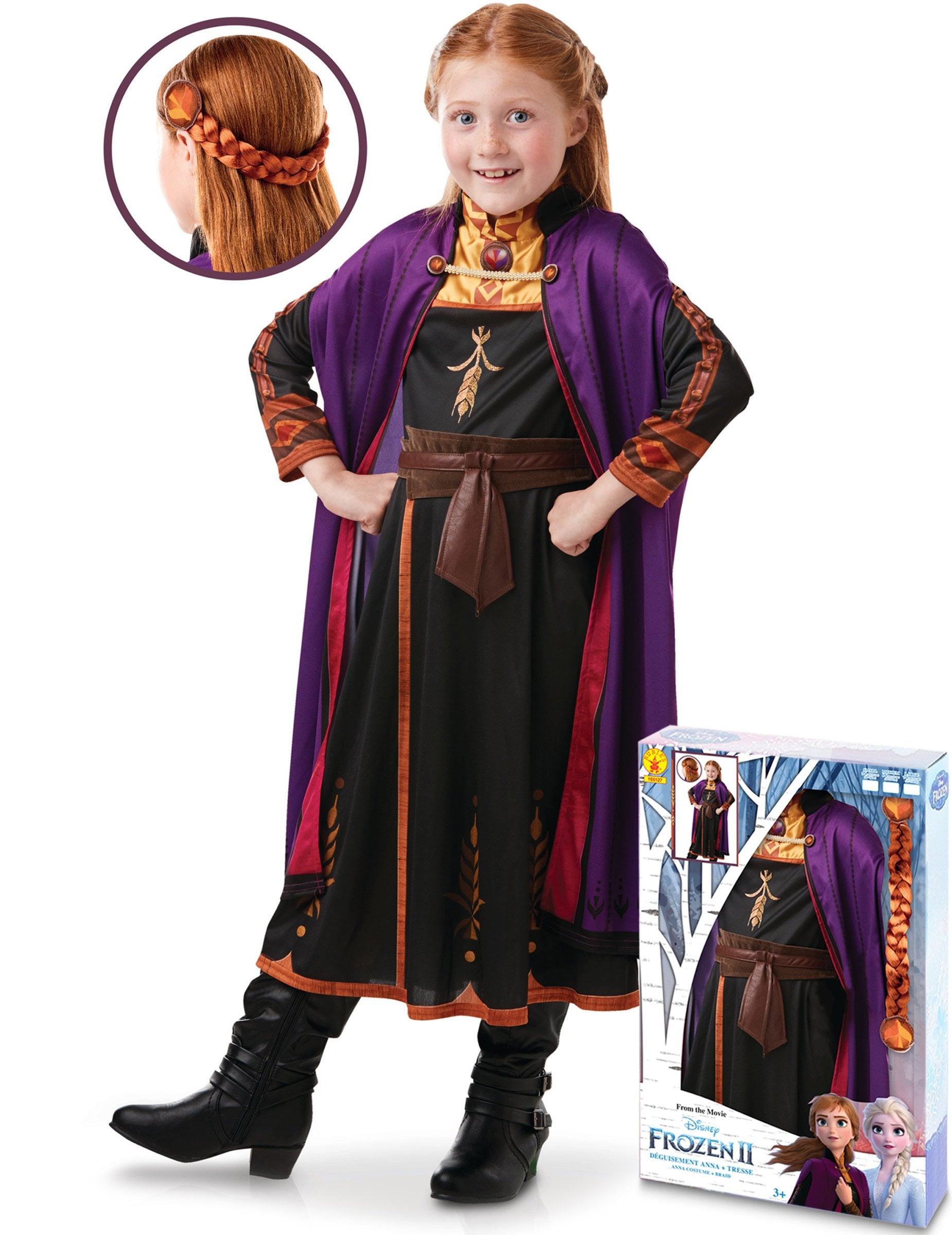 Coffret déguisement et tresse Anna La reine des neiges 2 pour fille avec cape violette et robe noire