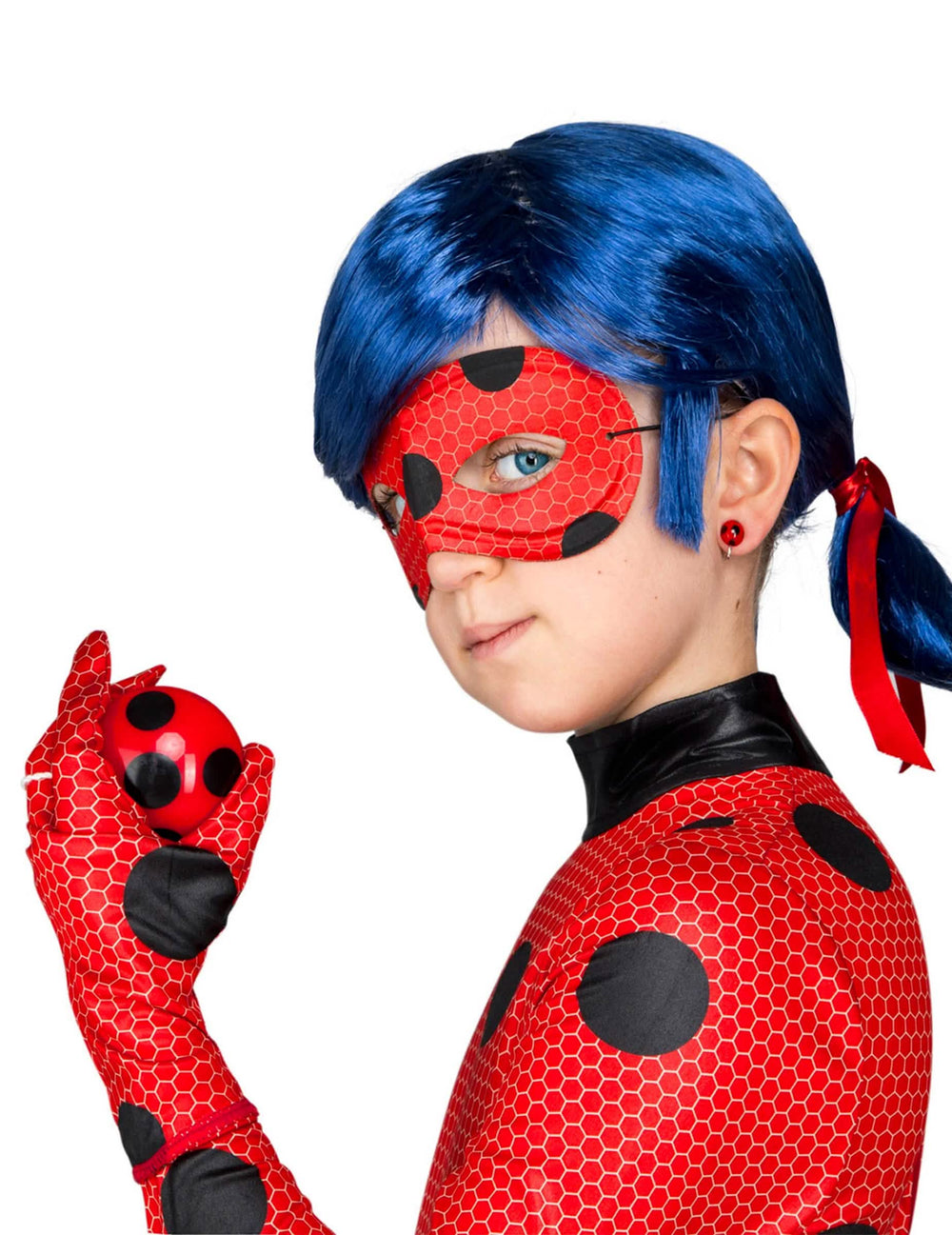 A gyermekeknek szánt teljes Ladybug Miraculous™ jelmez maszkjának és jojójának oldalnézete