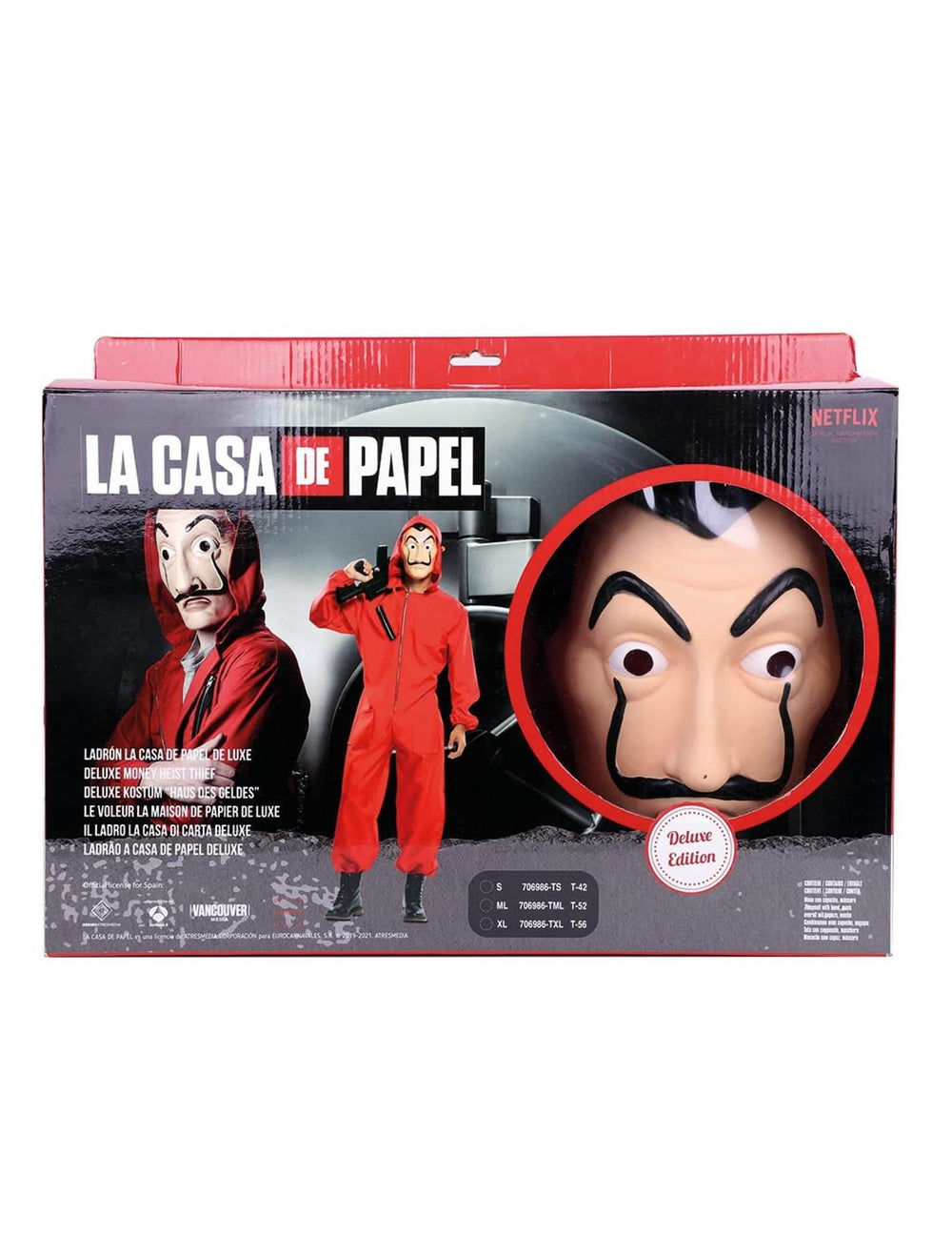 A felnőtt luxus La Casa de Papel jelmez- és maszkcsomagolásának nézete