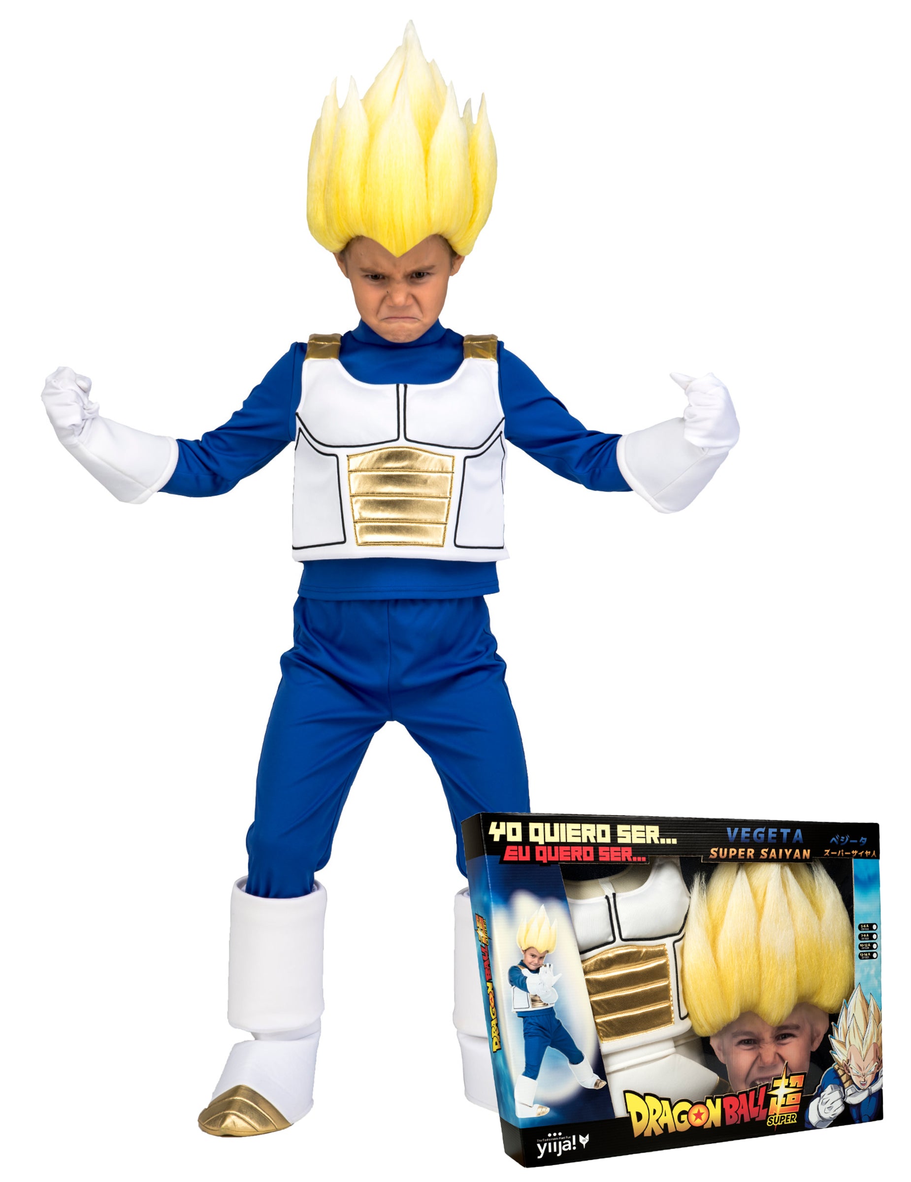 Coffret déguisement Super Saiyan Vegeta Dragon Ball pour enfant bleu et blanc avec perruque blonde