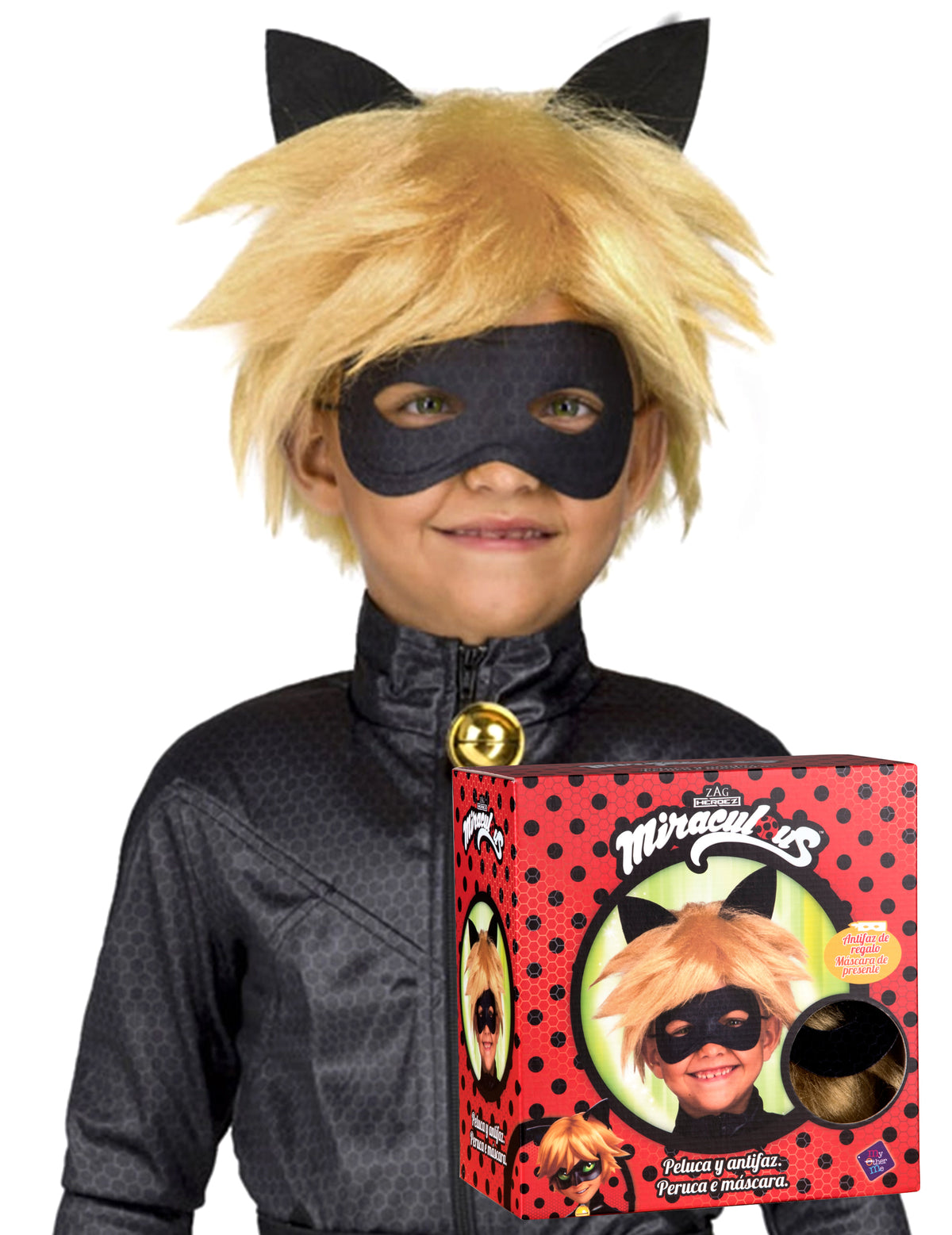 Vue de l'emballage de la perruque et masque Chat Noir Miraculous™ pour enfant