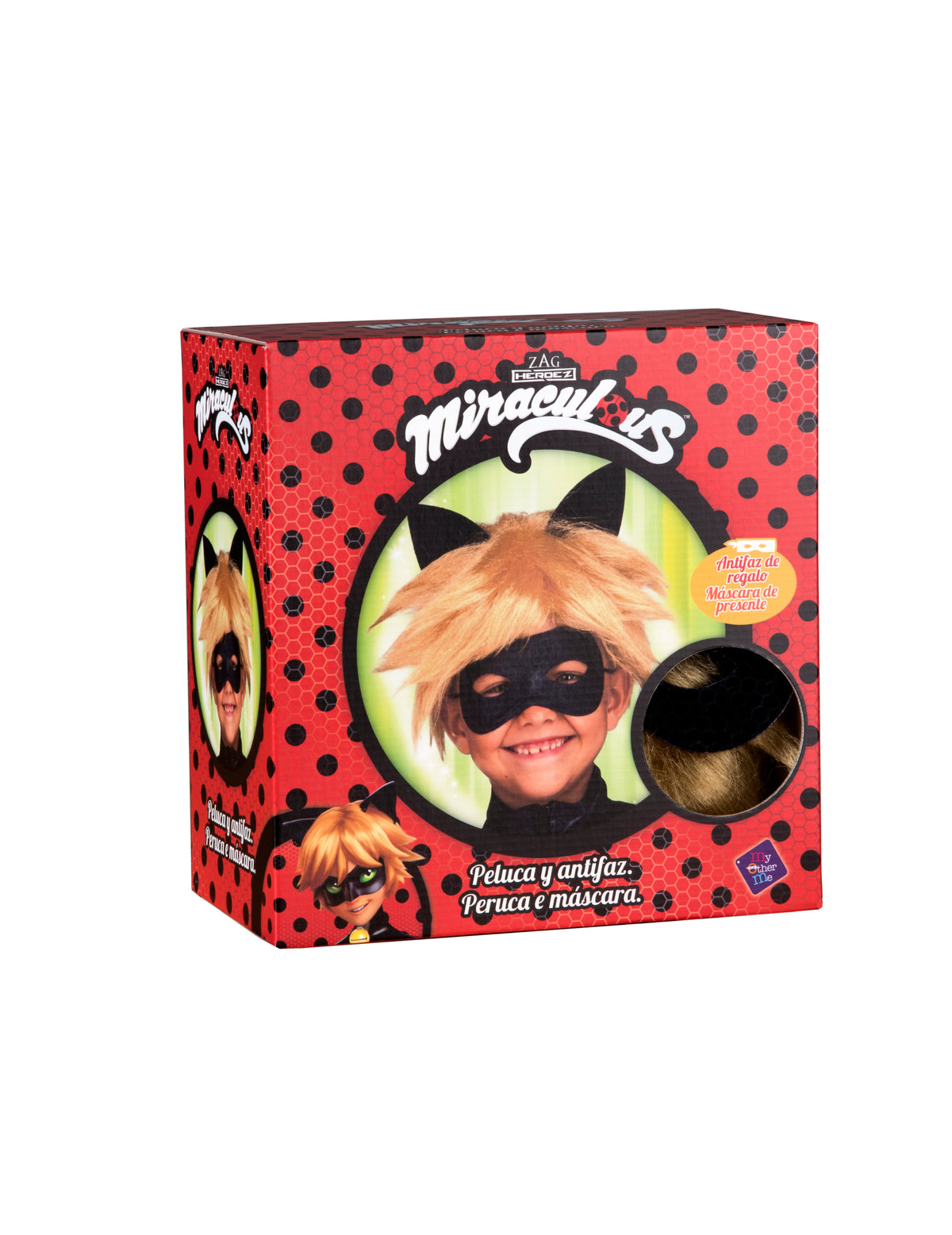 Vue de l'emballage de la perruque et masque Chat Noir Miraculous™ pour enfant