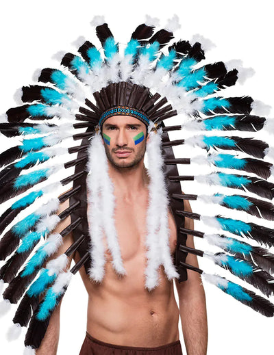 Coiffe grand chef indien pour adulte bleue noire et blanche