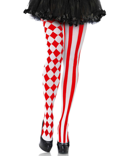 Collants arlequin pour femme rouge et blanc à losanges et rayures
