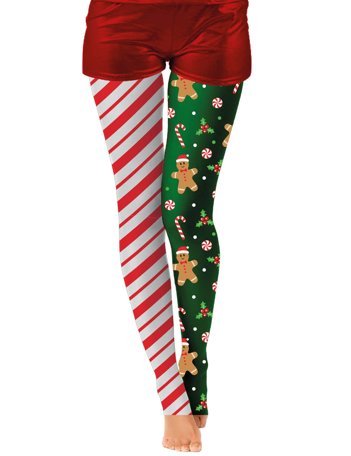Collants de Noël pain d'épice pour adulte bicolores à rayures rouges et blanches et motifs de fête verts