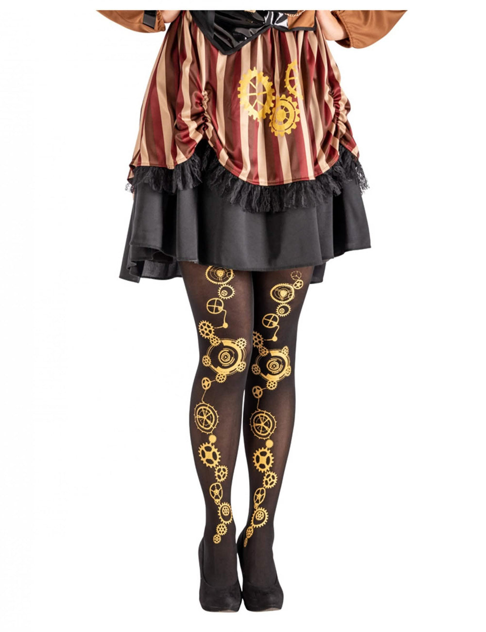 steampunk női fekete harisnya arany fogaskerék-mintákkal