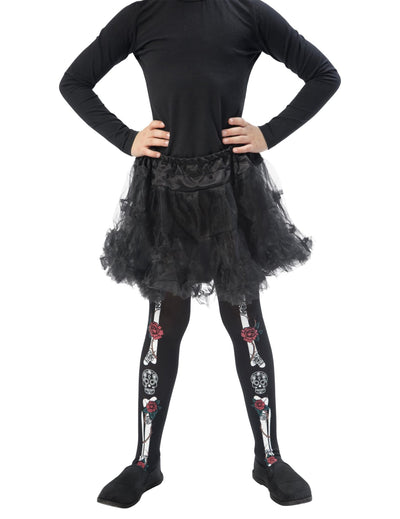 Collants squelette Dia de los muertos pour enfant noir avec motifs d'os et de roses