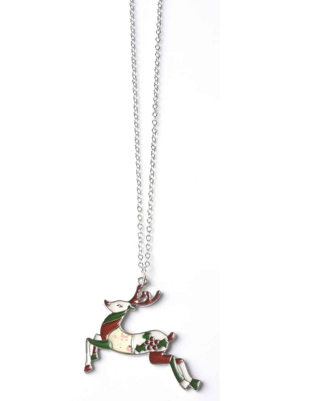 Collier fantaisie renne de Noël pour adulte argenté avec pendentif rouge et vert