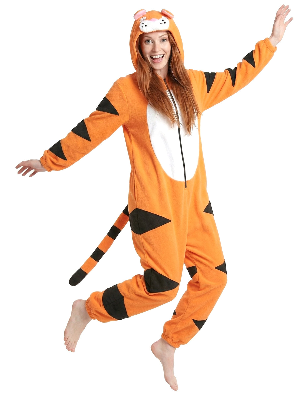 Combinaison à capuche tigre pour femme orange et noir avec queue et ventre blanc