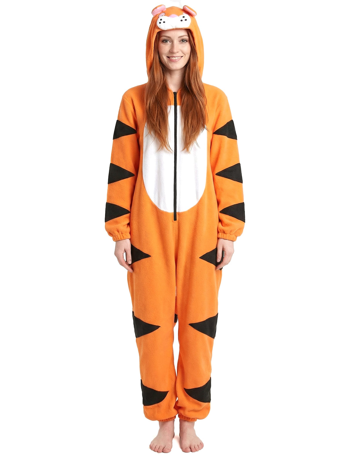 Vue de face de la combinaison à capuche tigre