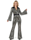 Combinaison disco pour femme argentée à sequins avec ceinture