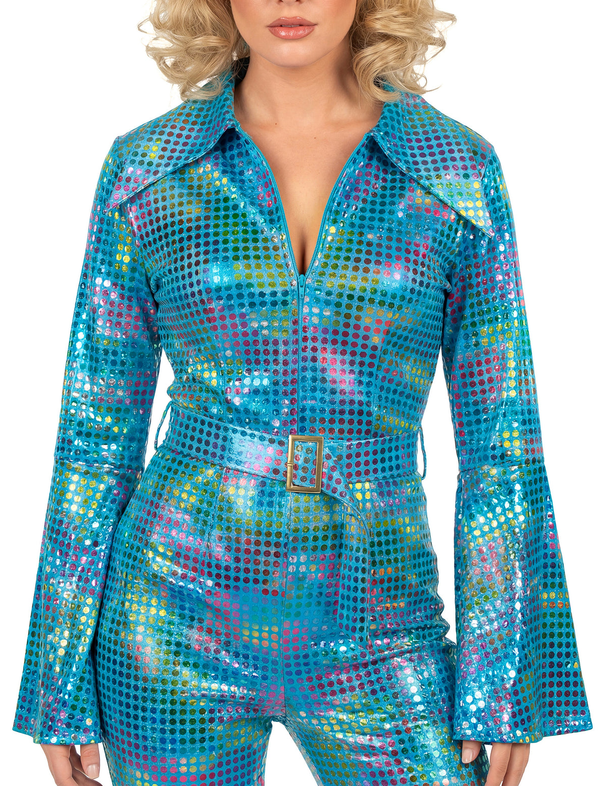 Gros plan sur le buste et la ceinture de la combinaison disco pour femme turquoise haut de gamme
