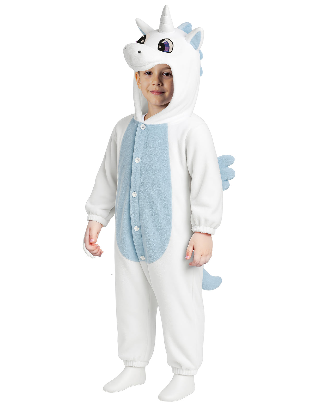 Vue de face de la combinaison licorne pour enfant blanche et bleue