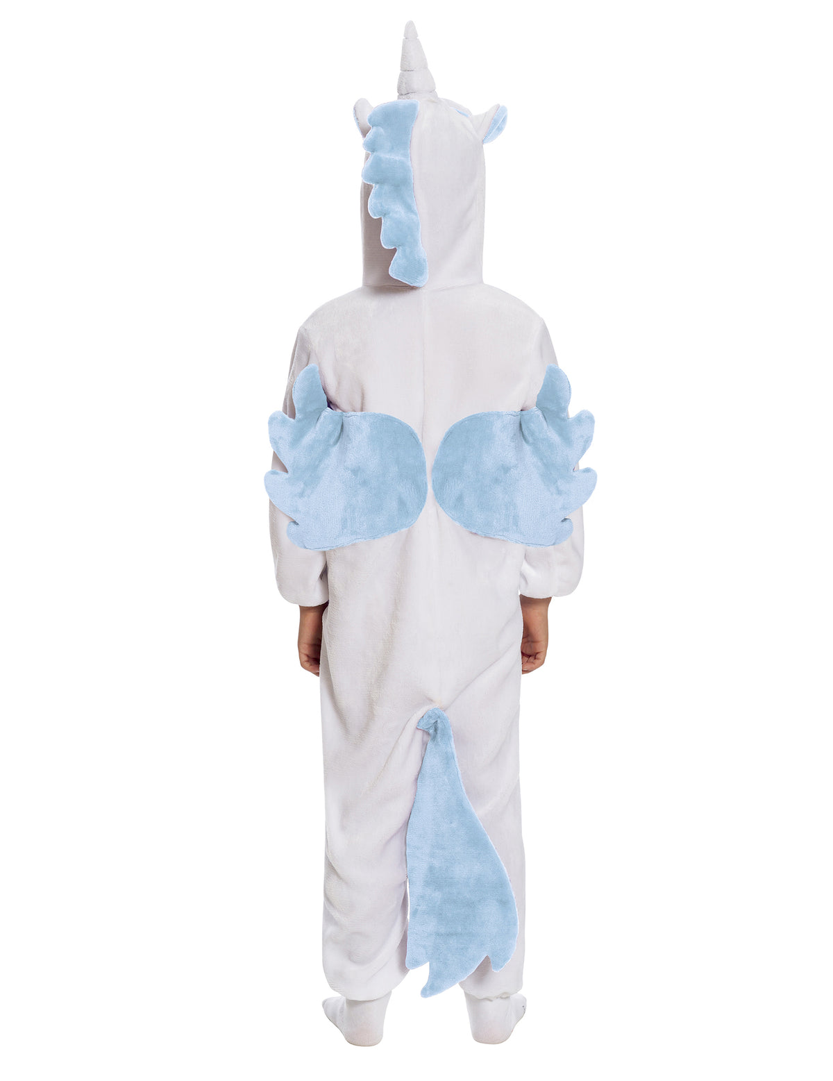 Vue de dos de la combinaison licorne pour enfant blanche et bleue