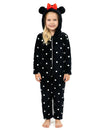 Combinaison Minnie pour enfant noire à pois blancs avec capuche à oreilles et nœud rouge