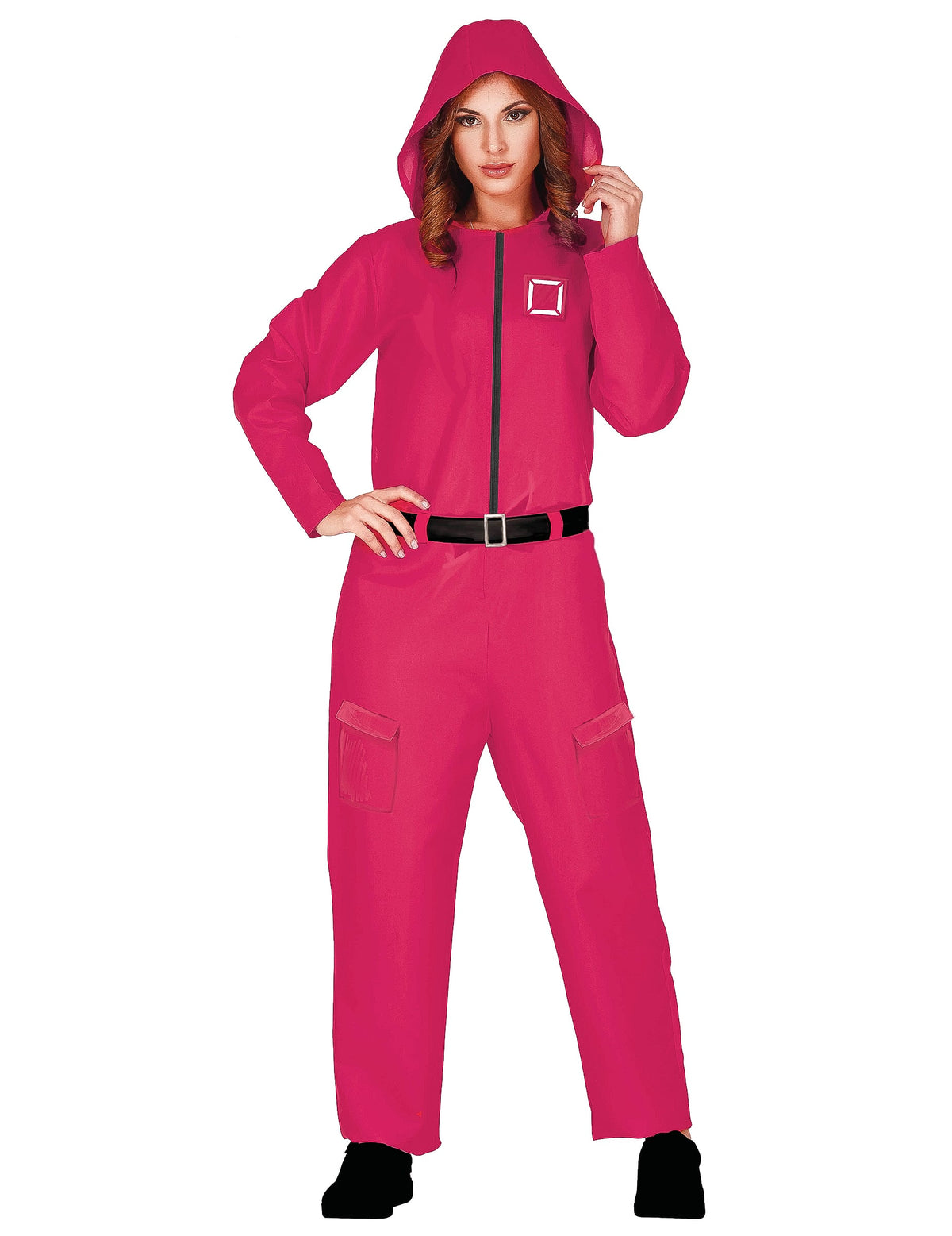 Combinaison de gardien de jeu pour femme rose avec capuche et ceinture noire