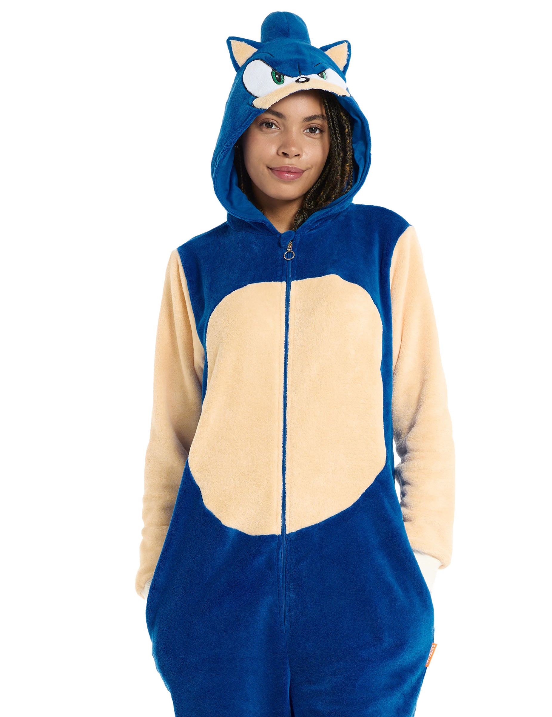 Vue de face de la combinaison Sonic le hérisson pour adulte