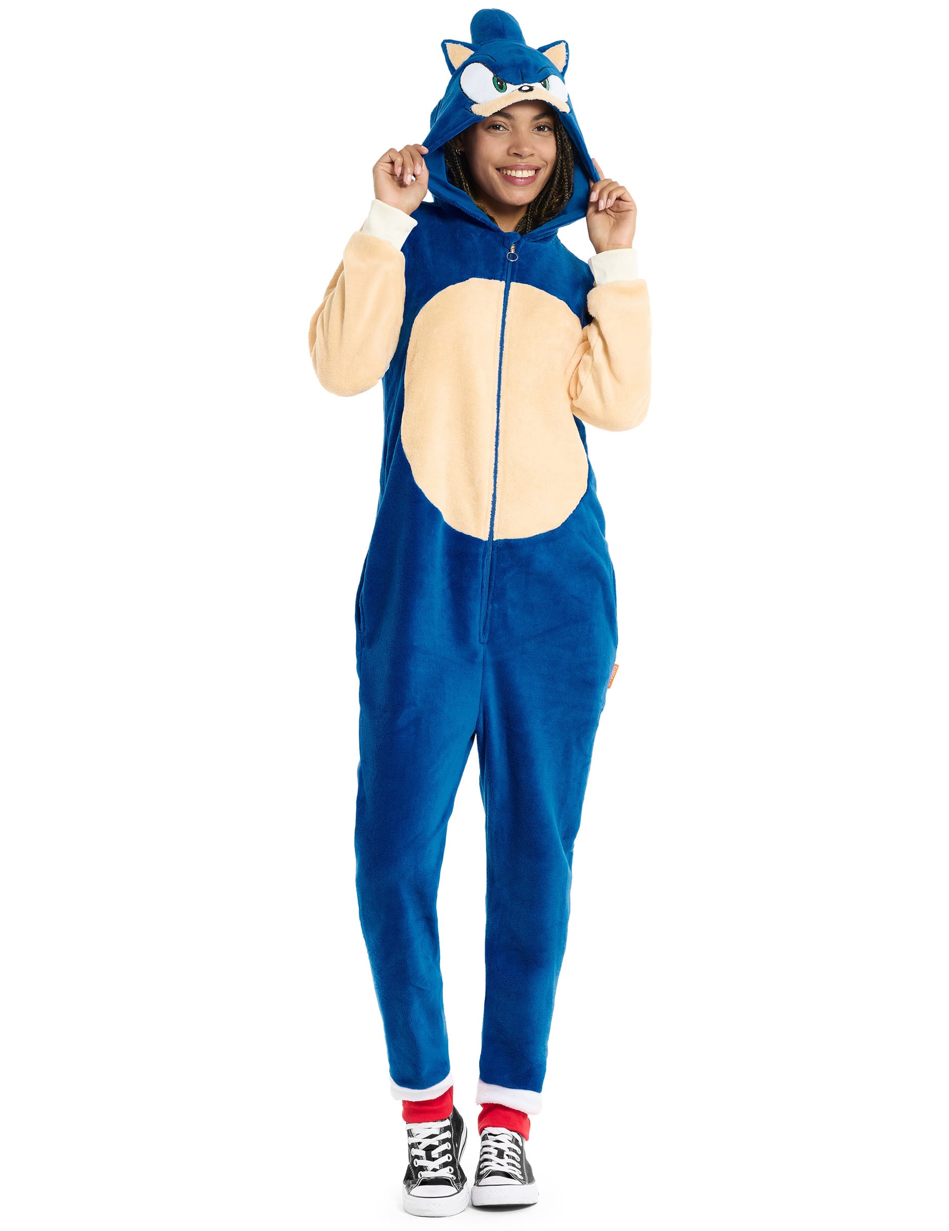 Vue d'ensemble de face de la combinaison Sonic le hérisson pour adulte