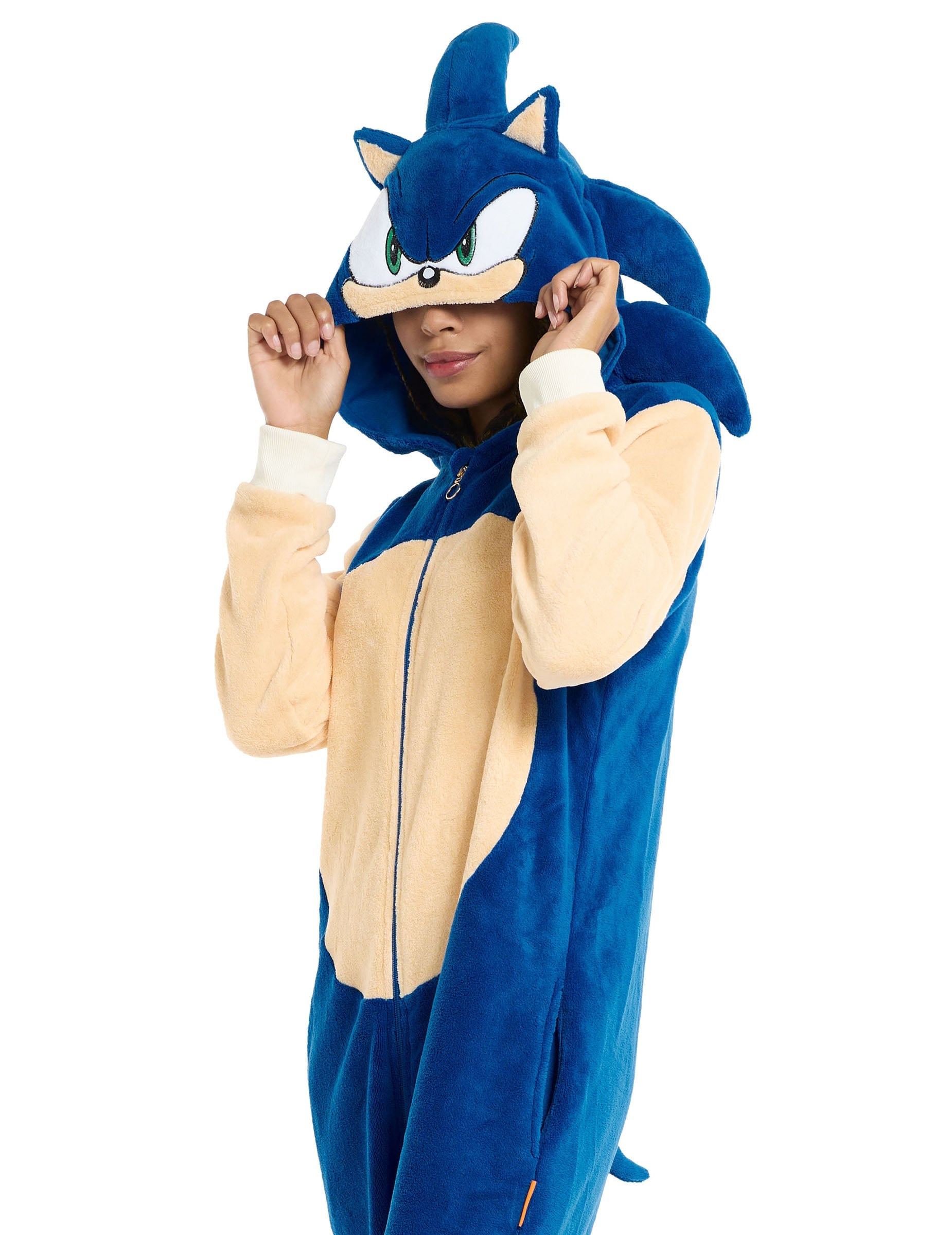Vue de trois-quarts face de la combinaison Sonic le hérisson pour adulte