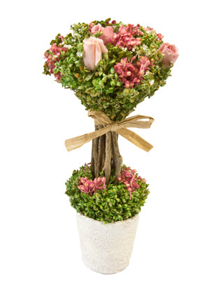 Szárított virágkompozíció és fehér rózsák szárakon cserépben 18 cm 8x cm juta csomóval