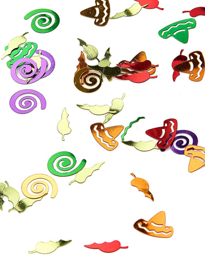 Confettis Mexique pour fête multicolores métallisés en forme de sombreros et piments