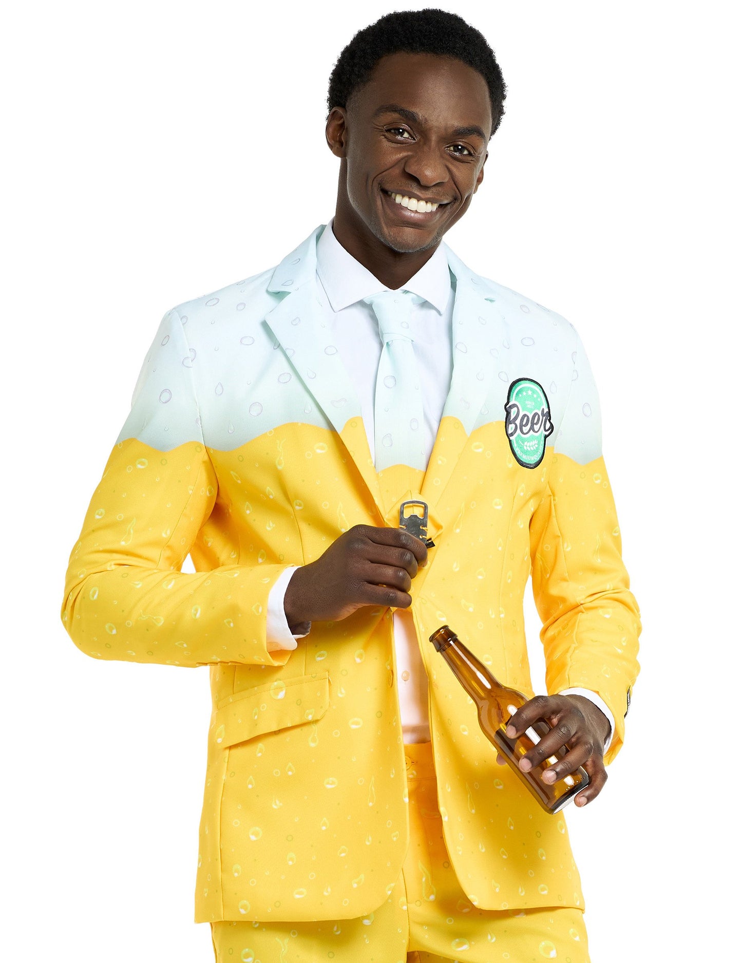 Démonstration du décapsuleur de la cravate du costume Mr Bière Suitmeisters pour adulte