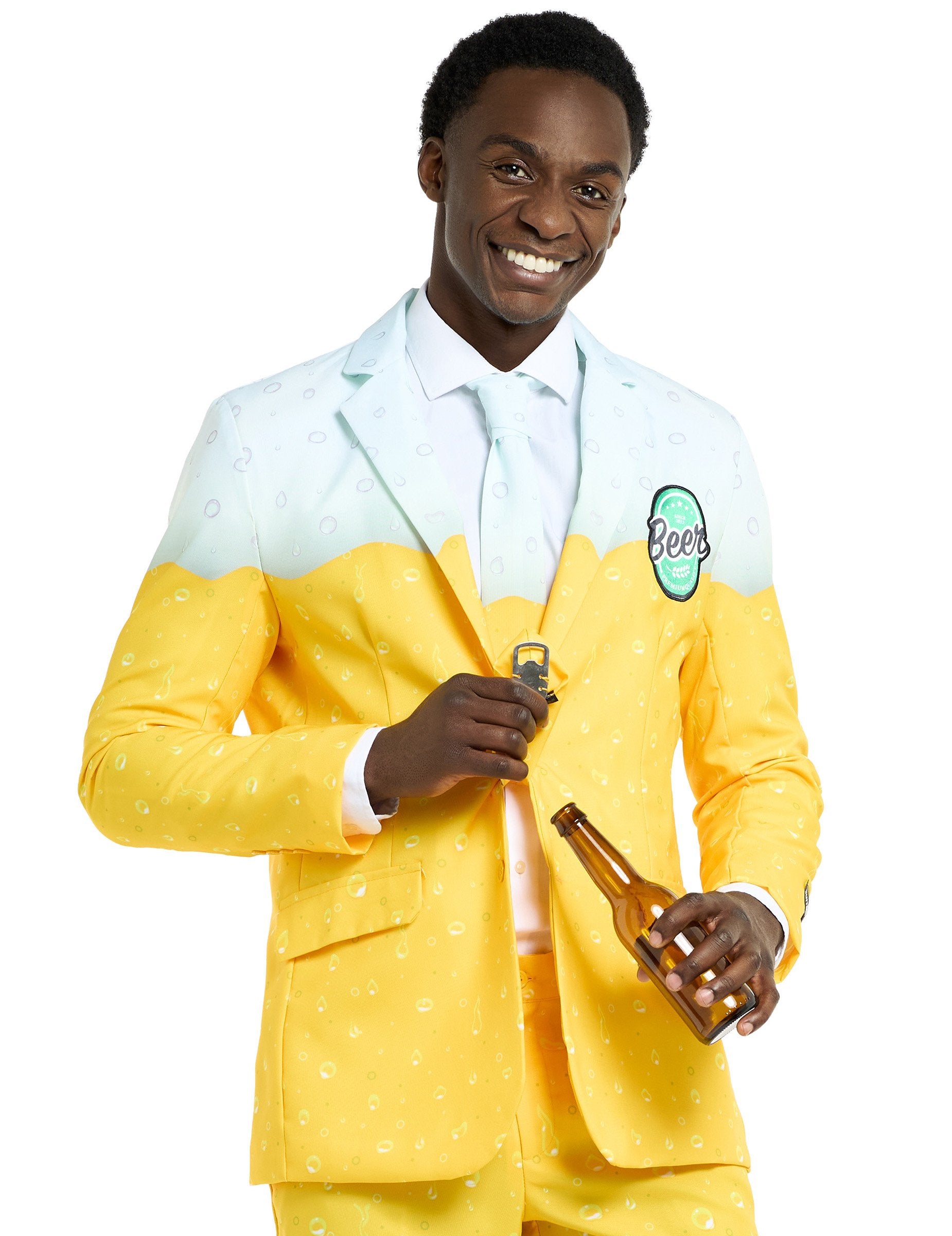 Démonstration du décapsuleur de la cravate du costume Mr Bière Suitmeisters pour adulte