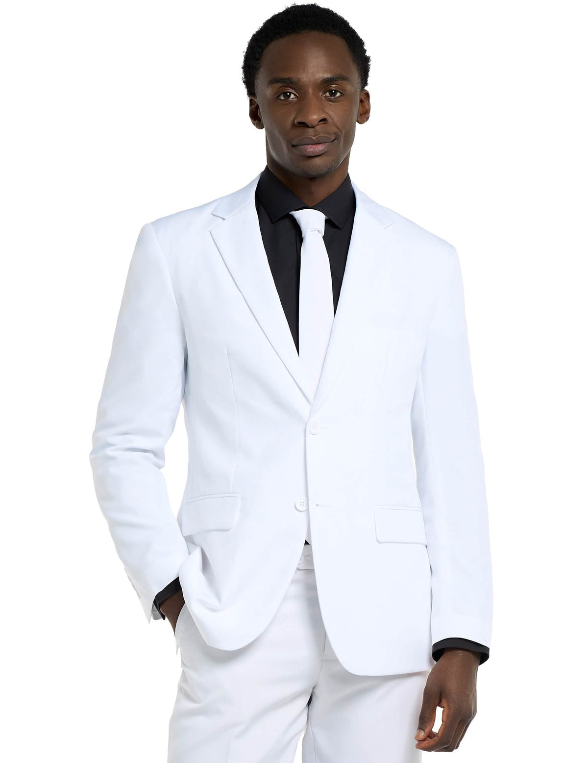 Közelkép a Mr. fehér Opposuits jelmez kabátjáról és nyakkendőjéről