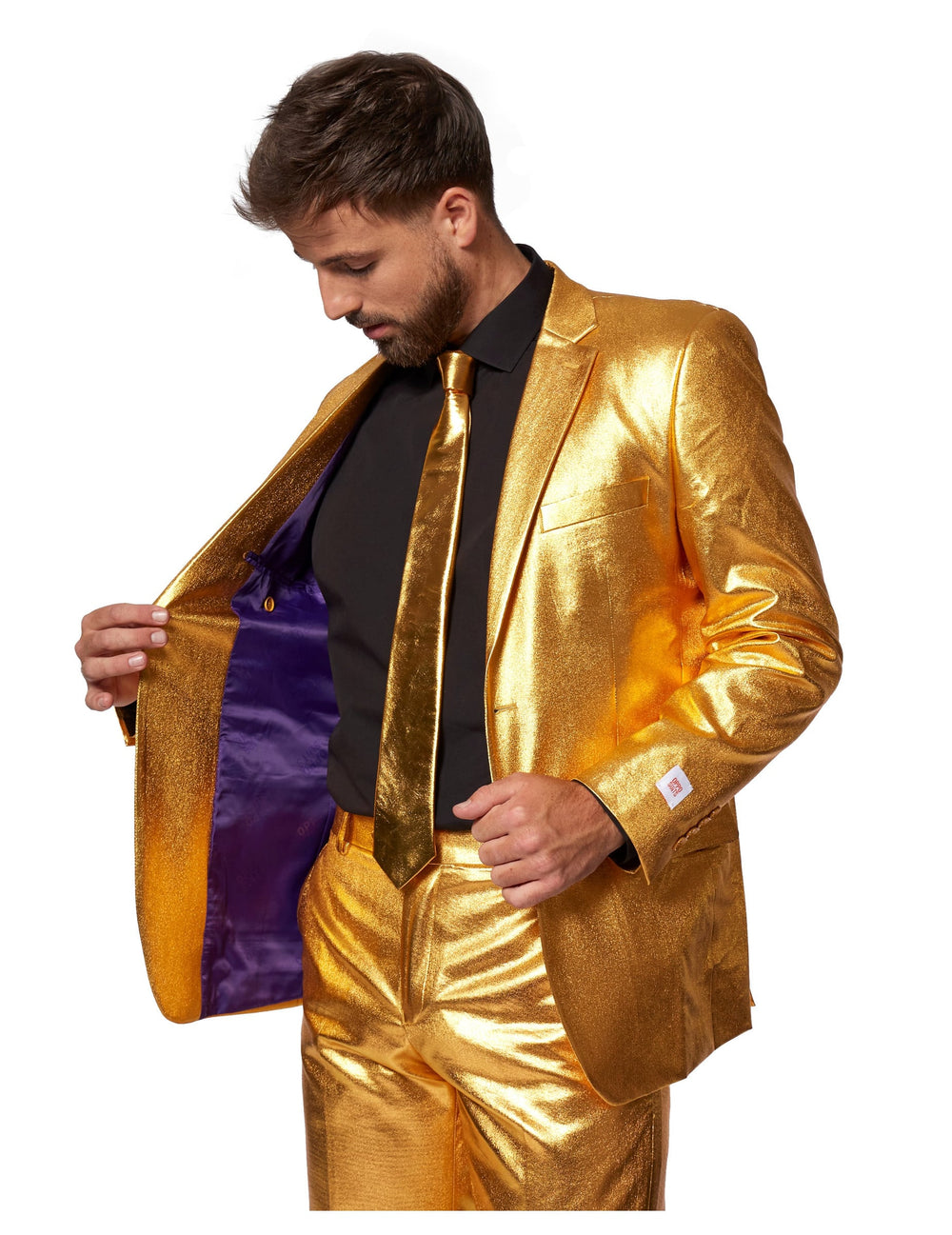 Détail de la doublure violette de la veste du costume Mr. Groovy Gold Opposuits pour homme