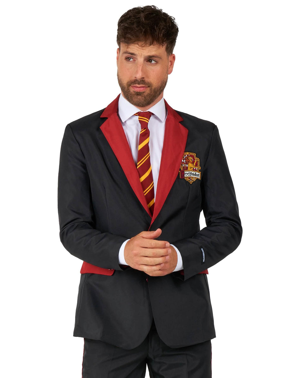 Közelkép a Gryffindor Suitmeister úr jelvényéről és nyakkendőjéről