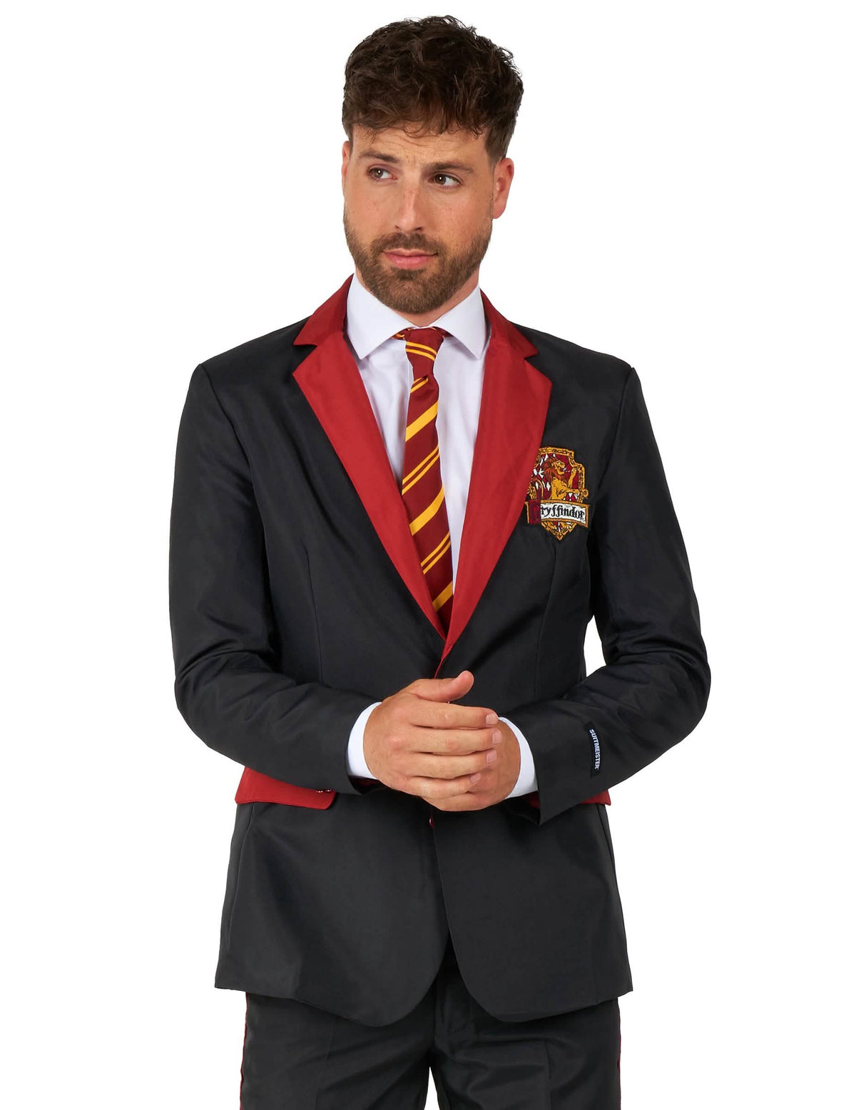 Közelkép a Gryffindor Suitmeister úr jelvényéről és nyakkendőjéről