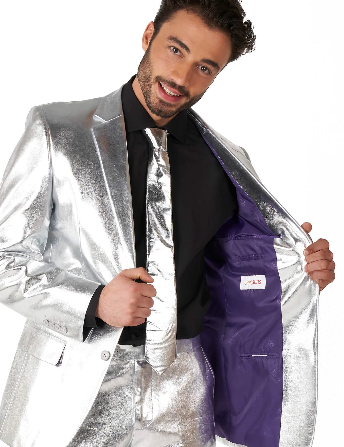 A férfi Mr. Shiny Silver jelmez lila belső bélésének részlete