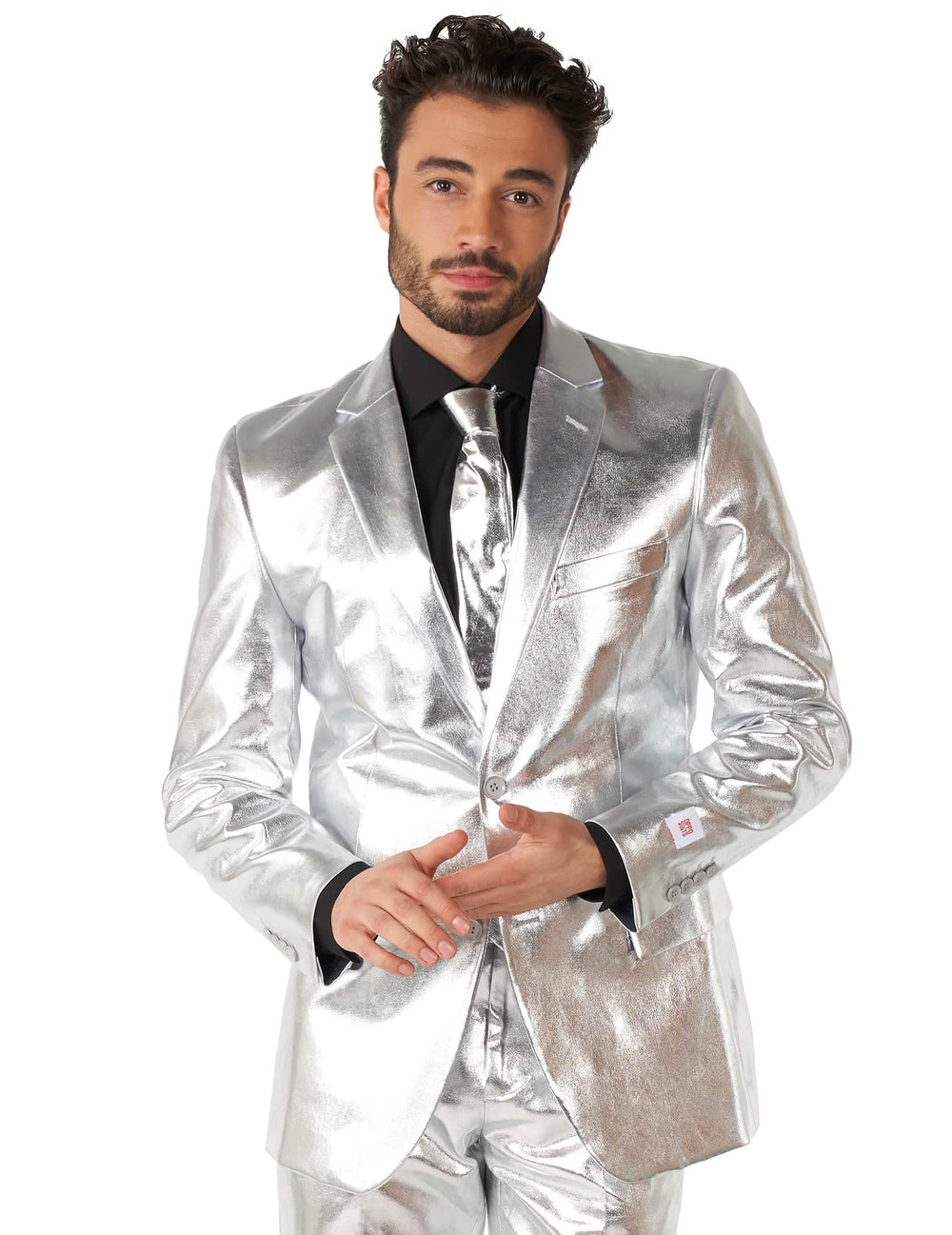 Közelkép a Mr. Shiny Silver férfi jelmez kabátjáról és nyakkendőjéről