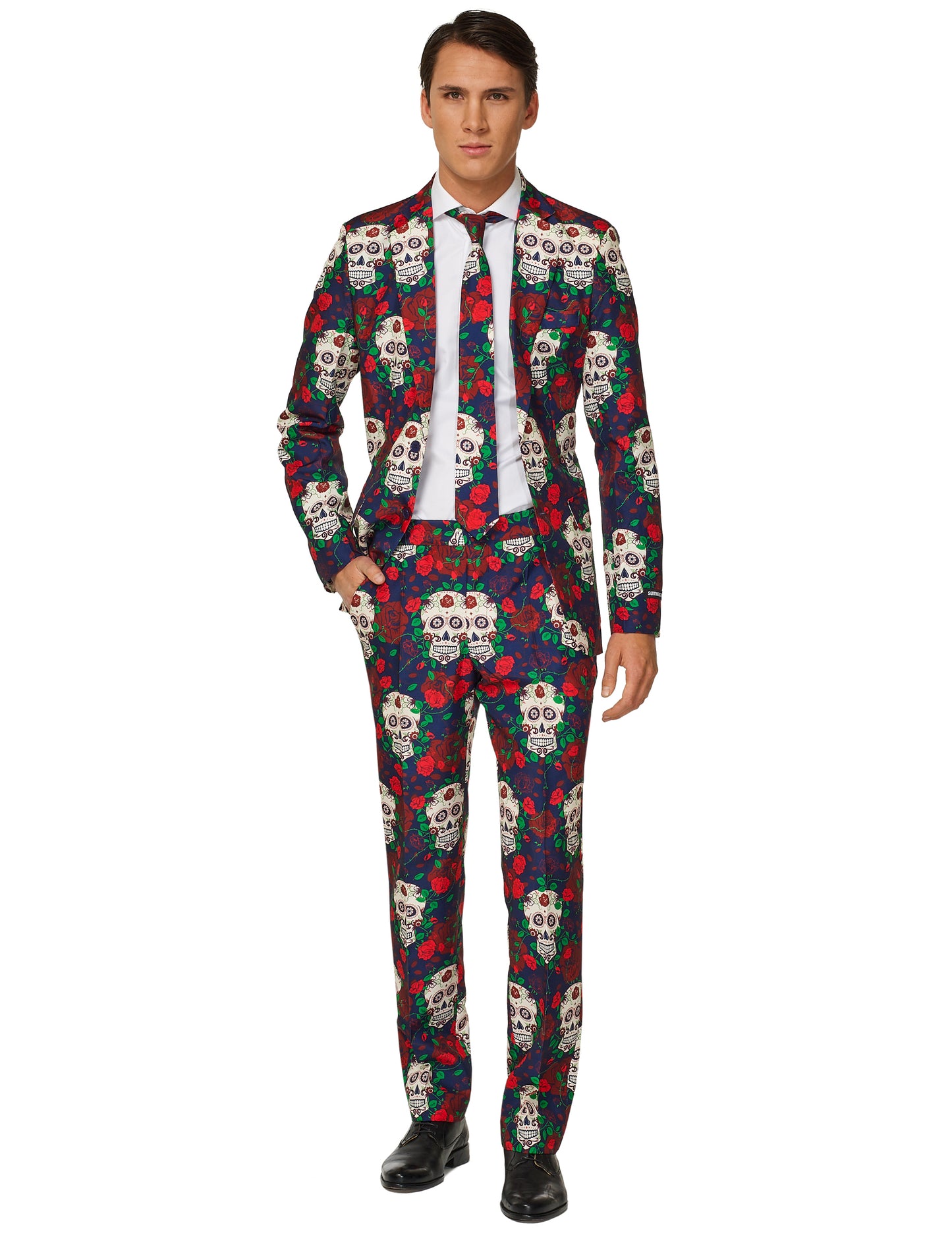 Costume Mr. Skull Day of the dead pour homme bleu marine à motifs crânes et roses rouges